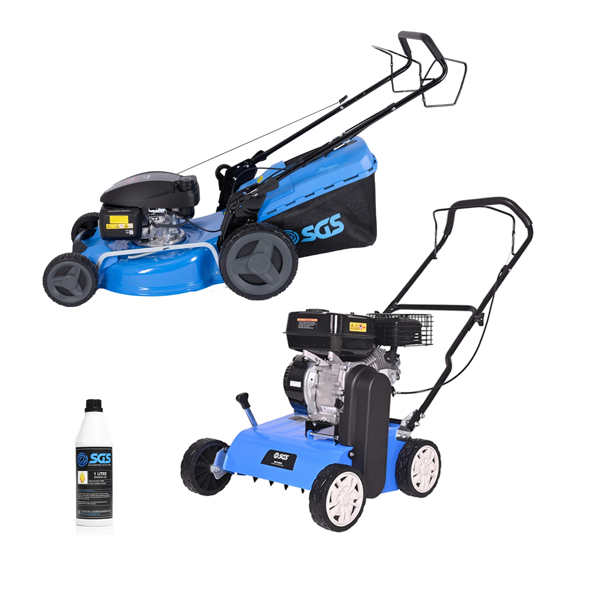 SGS Lawn Care Bundle, 53cm Petrol Lawnmower, SGS Petrol Scarifier and Engine Oil